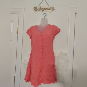 LOFT Button Front V- Neck Cap Sleeve Coral Flare Summer Dress Size 2P